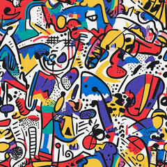 Fototapeta premium Abstract white background with colorful Memphis style seamless pattern. Creative minimalist style art background for children or trendy design with basic shapes. Simple childish scribble backdrop