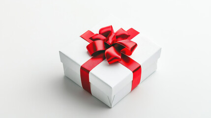 Obraz premium A pristine white gift box adorned with a vibrant red ribbon, its transparent surface revealing its contents, isolated against a stark white background, ready for your creative touch in a generative 