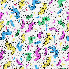 Fototapeta premium Abstract white background with colorful Memphis style seamless pattern. Creative minimalist style art background for children or trendy design with basic shapes. Simple childish scribble backdrop