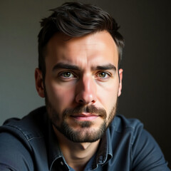 Fototapeta premium A man with dark hair and a well-groomed beard gazes directly at the viewer, his serious expression capturing a moment of introspection in a cozy indoor environment Generative AI