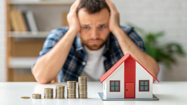 Financial trouble budget. Frustrated man calculating finances with coins and a model house in front of him.