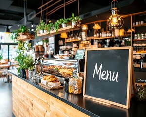 Stylish cafe counter with menu board