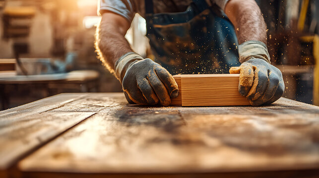Carpenter Sanding Wood in Workshop - Powered by Adobe