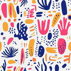 Abstract white background with colorful Memphis style   seamless pattern. Creative minimalist style art background for children or trendy design with basic shapes. Simple childish scribble backdrop 