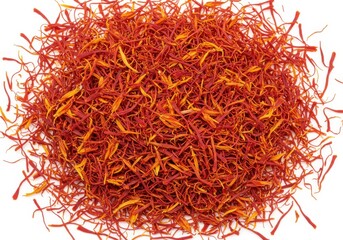 Fototapeta premium A close up view of a pile of saffron threads on a white background in a studio setting
