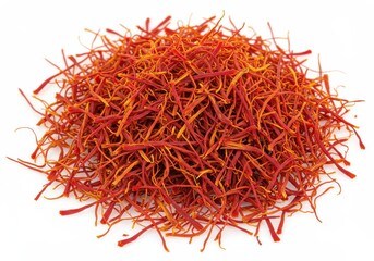 Naklejka premium A close up shot of a pile of vibrant red saffron threads against a plain white background surface