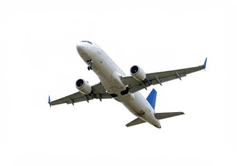 Airplane ascending with landing gear deployed against a clear white background in bright daylight