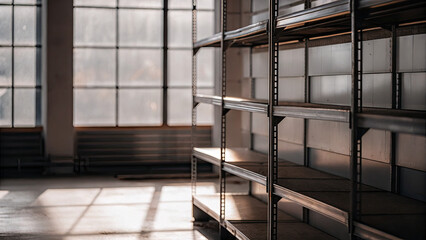 Empty supermarket shelves with bare metal rack, minimalist composition showing scarcity and lack of products. Concept of supply chain issues, retail challenges and economic crisis.