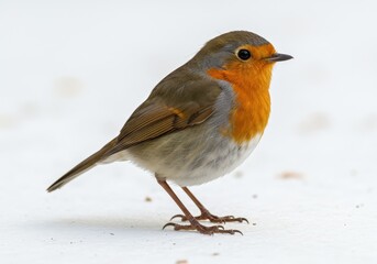 A robin standing on a white surface with its orange breast facing the camera in a close up view