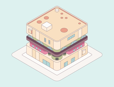 A whimsical architectural marvel, intricately designed to mimic the layers of a culinary sandwich, each floor representing a different ingredient of the sandwich, and set against a pastel backdrop.