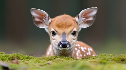 Obraz premium Fawn in Mossy Habitat Naturalistic Style High-Definition Close-Up Portrait View Curious Expression Forest Background Soft Brown Tones Ideal for Nature Calendars