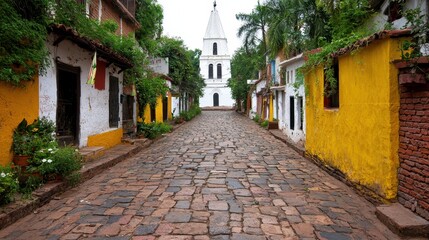 Colorful Colonial Street Leading to White Church