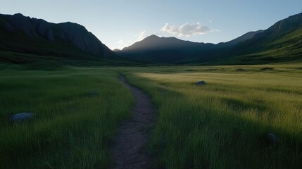 Obraz premium A scenic path winds through a valley of tall grass, framed by mountains at sunset. Lush green grass stretches out, with a well-worn path leading into the distance,