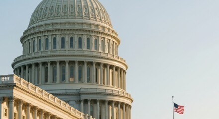 Majestic US Capitol Building Dome and American Flag at Sunrise