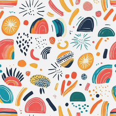 Naklejka premium Abstract white background with colorful Memphis style seamless pattern. Creative minimalist style art background for children or trendy design with basic shapes. Simple childish scribble backdrop 