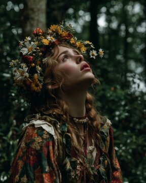 Woman adorned with flowers gazing upward in a forest setting. Ostara witchy