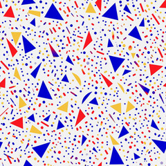 Obraz premium Abstract white background with colorful Memphis style seamless pattern. Creative minimalist style art background for children or trendy design with basic shapes. Simple childish scribble backdrop 
