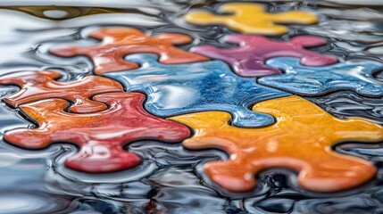 Colorful puzzle pieces float in rippled water close-up