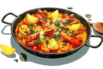 Steaming hot paella with shrimps, prawns, clams and lemon wedges, garnished with parsley
