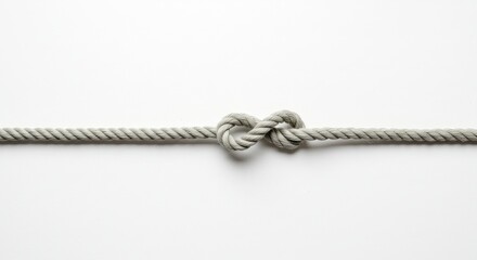 A single gray rope tied in a knot centered on a white background in a horizontal composition shot close up