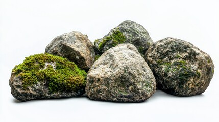 Group of mossy boulders with rough textures and soil patches on white background.