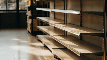 Empty supermarket shelves with bare metal rack, minimalist composition showing scarcity and lack of products. Concept of supply chain issues, retail challenges and economic crisis.