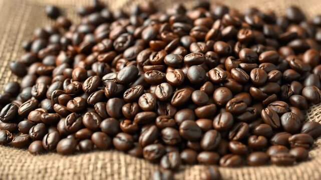 a pile of coffee beans sitting on top of a sack