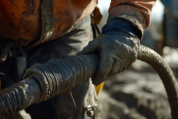 Construction Worker Handling Heavy Duty Hose