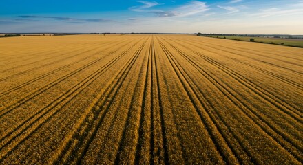 Fototapeta premium Aerial view of a vast golden wheat field under a blue sky with parallel tracks running through it landscape