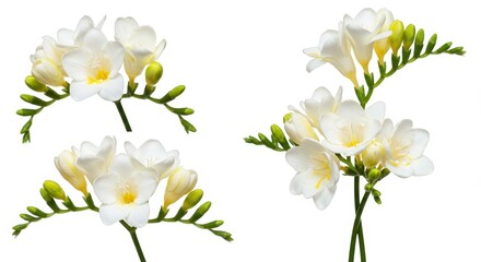 Fototapeta premium Three clusters of white freesia flowers with yellow centers and green buds on a white background