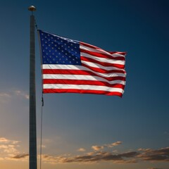 Obraz premium Majestic American Flag Waving at Sunset, a Symbol of Freedom and Patriotism