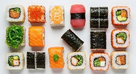 An overhead shot of assorted sushi rolls neatly arranged on a plain white surface top view close up