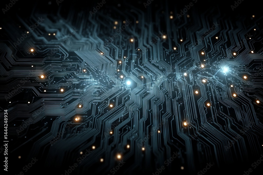 Poster a computer chip with many small lights on it. digital background concept.
