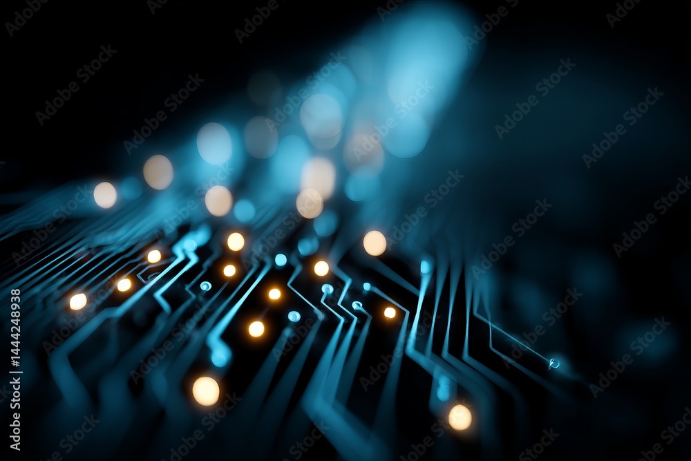 Sticker a blue and yellow circuit board with many small lights on it. digital background concept.