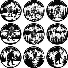 Epic Bigfoot Silhouette Vector Collection Featuring Forest, Mountain, and Mythical Cryptid Scenes in Minimalist Black Style