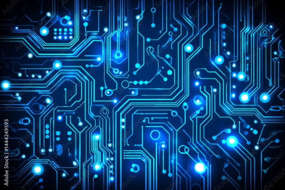 Sticker a blue and white image of a circuit board with many small blue dots. digital background concept.