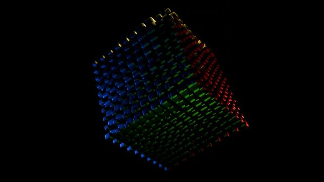 3D animation loop of a hypercube with metallic colors on a black background. Tesseract. 60 fps