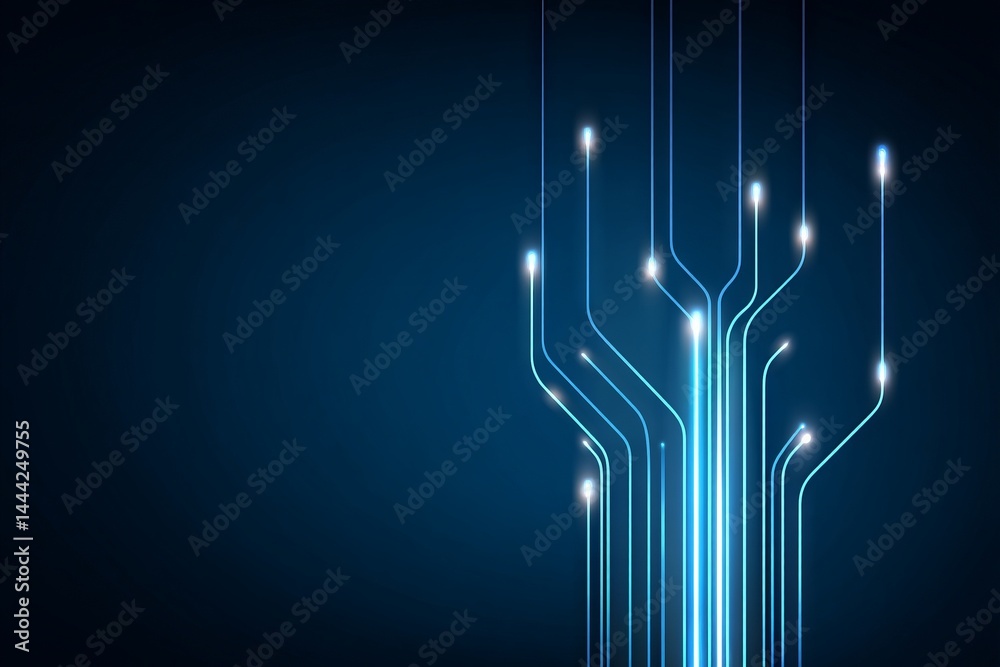 Poster a blue background with a series of lines that are bright and glowing. digital background concept.