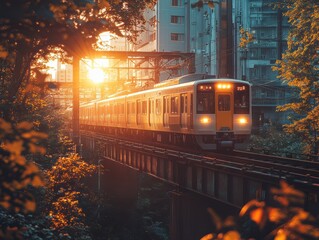 Obraz premium Sunset train passing through urban landscape with buildings and foliage