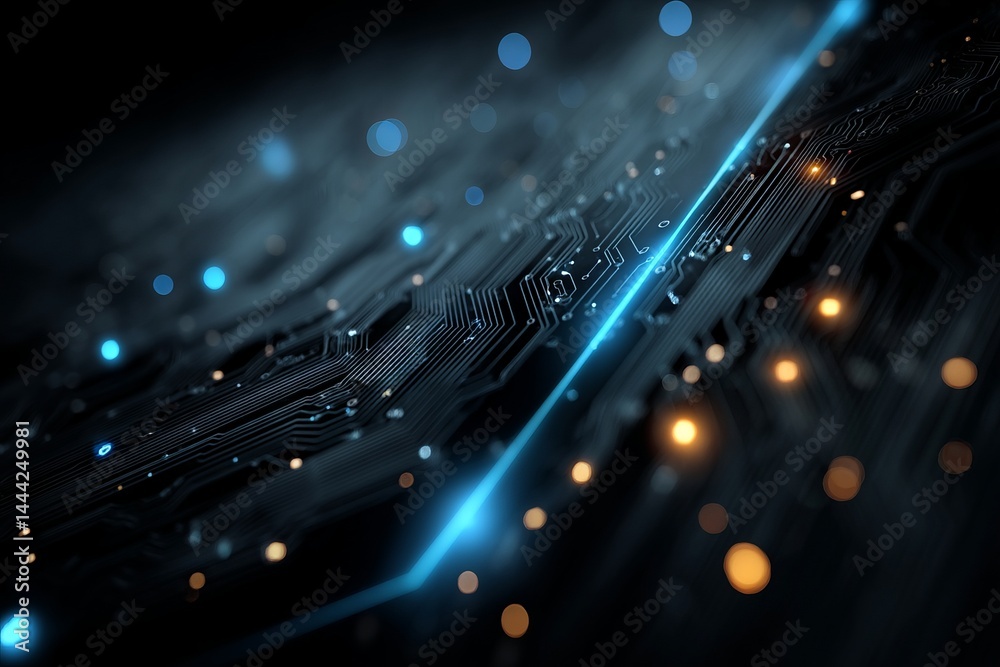 Poster a computer chip with blue and orange lights. digital background concept.