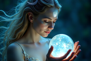 Naklejka premium A celestial woman with a moon on her forehead, stardust hair, and constellations glowing on her skin. she gazes into a glowing crystal sphere AI-generated