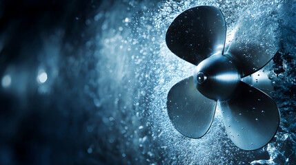 A four-bladed silver propeller spins underwater, creating bubbles and turbulence in the deep blue liquid