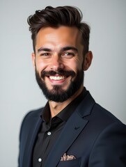studio portrait of handsome cheerful young bearded gen z businessman, stylish fashion male model, entrepreneur, elegant ceo smiling