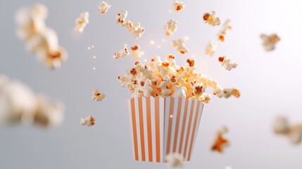 Buttery popcorn exploding from striped box, levitating against a light grey background.