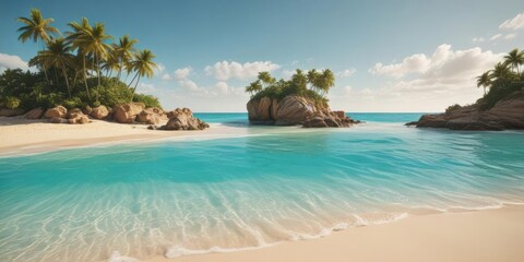 Fototapeta premium Golden sand, turquoise water, lush island backdrop, sandy beach, travel