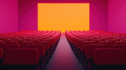 Obraz premium People in the cinema auditorium with Cinema blank wide screen and red chairs in the cinema hall,People silhouettes watching movie performance,empty white screen,space for text,copy space.