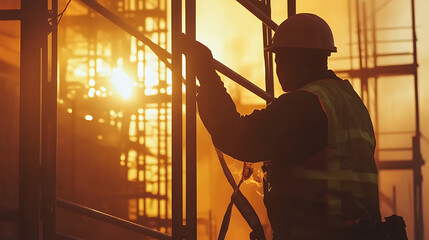 Fototapeta premium Construction Worker on Scaffolding at Sunset