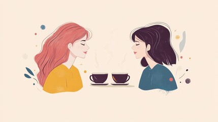 Two women enjoying coffee together, peaceful moment of friendship.