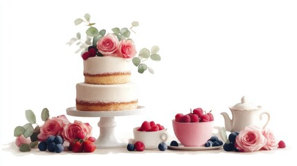 Watercolor illustration of British afternoon tea,tea break in the English style,tea set with Afternoon tea stand with macaroons and scone,cake,cup of tea,Tea time dessert table,vintage style.