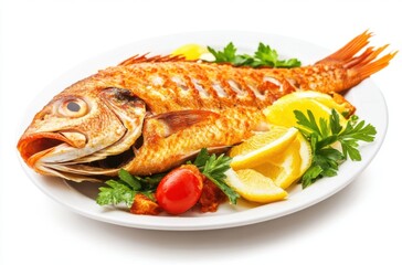 Baked fish with golden crispy skin and bright garnishes,
